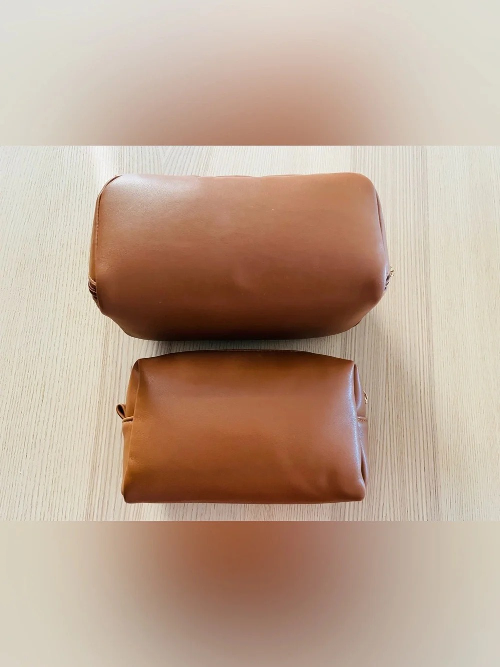 Tan faux leather matching cosmetic bag/ case set, gold “C” emblem, excellent